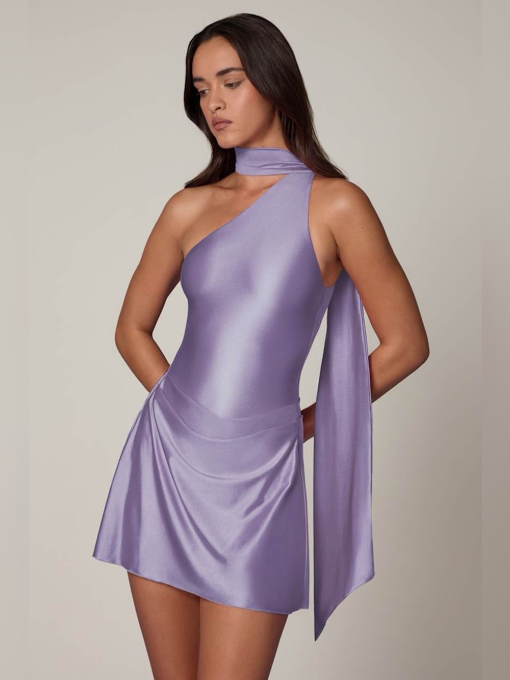 One-Shoulder Asymmetrical Lavender Satin Mini Dress with Neck Scarf